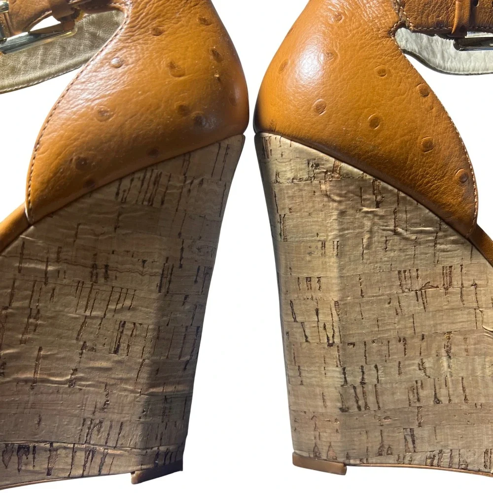 Michael Kors Ostrich Embossed Leather Cork Platform Wedge Sandals Tan 7.5M Boho